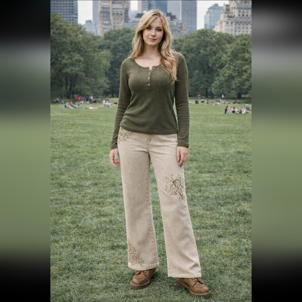 Lauren Jeans Co. Vintage 90's Y2K Flare Tan Floral Stenciled 100% Cotton Jeans